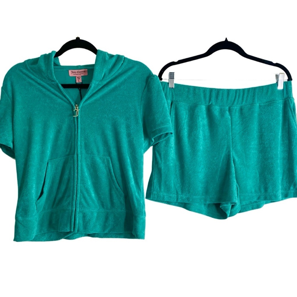 NWT Juicy Couture Terrycloth Coastal Teal Short Sleeve Hoodie & Shorts, size L - Picture 1 of 16